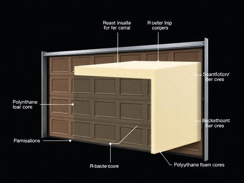 Cross-section diagram showing garage door insulation layers and R-value construction