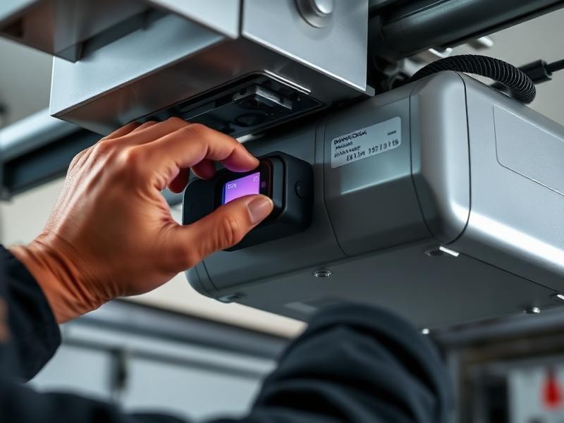 Technician adjusting garage door opener limit switch on motor unit