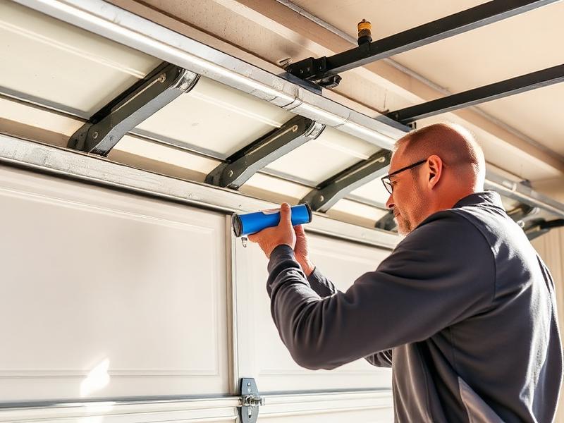Technician lubricating garage door tracks and springs during summer maintenance