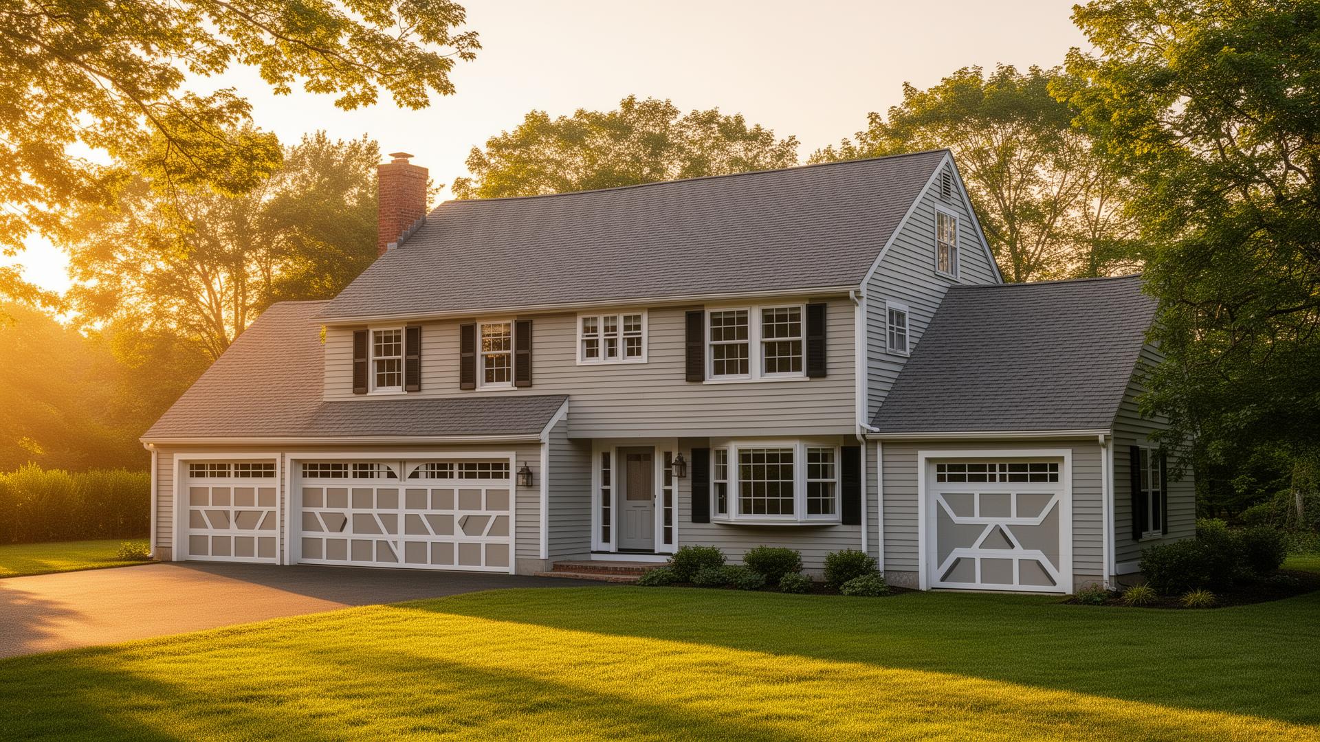 Professional mid-century modern garage door installation on New England colonial home