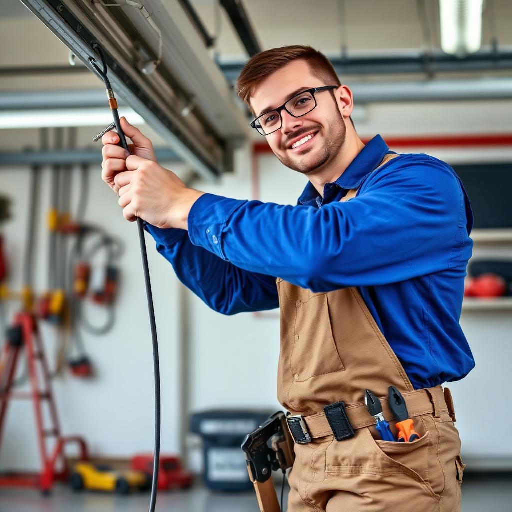 Certified garage door technician with tools providing professional service